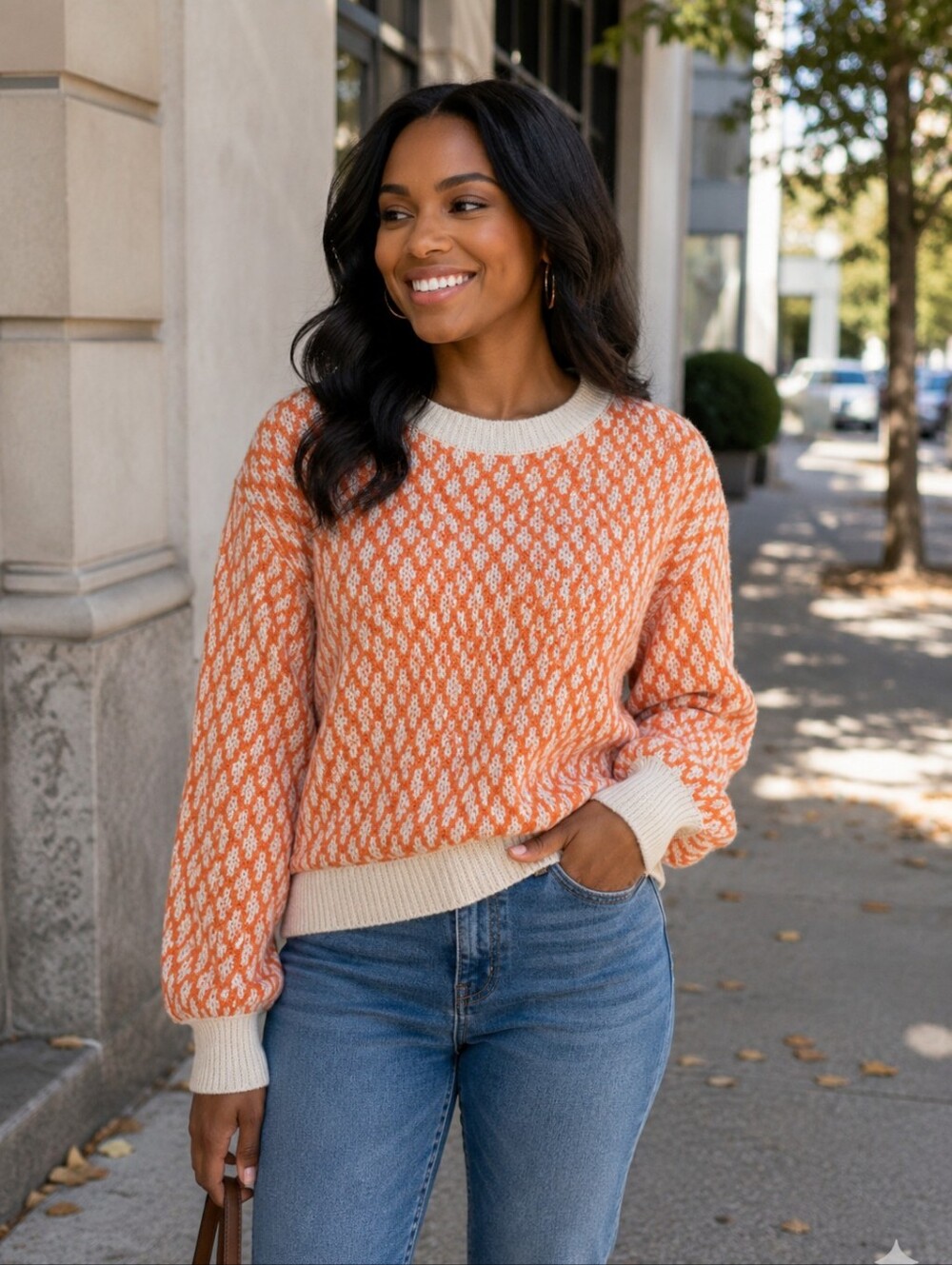 Orange & Cream Geometric Crewneck Sweater